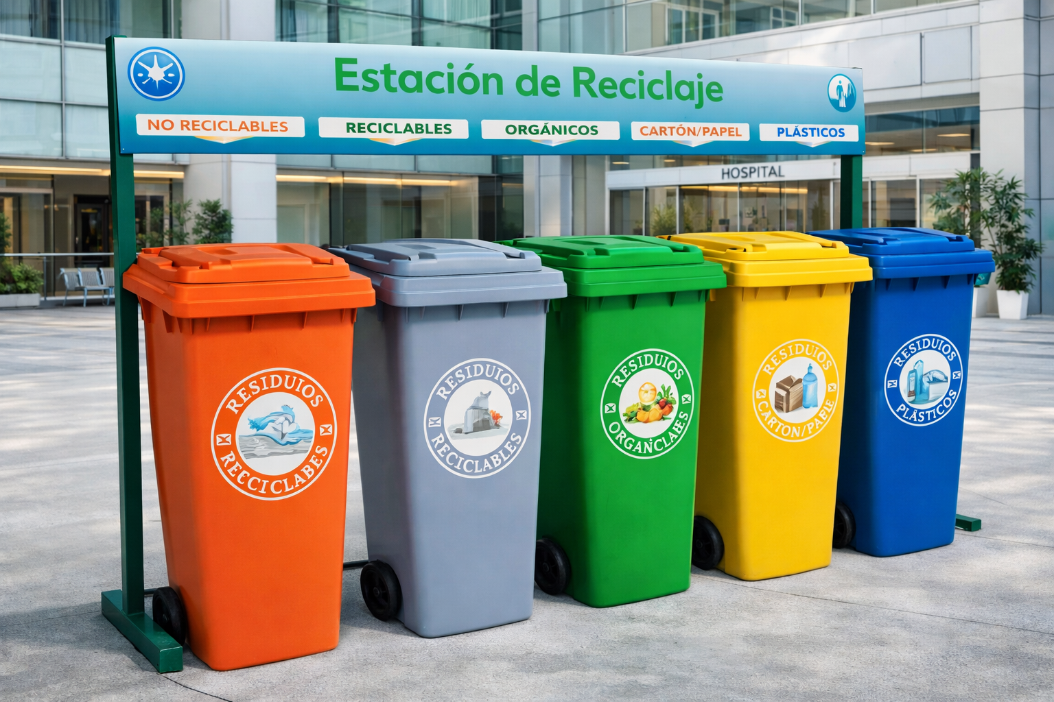 Estaciones de separaci&oacute;n de residuos con botes de colores